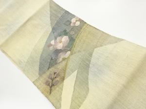 手織り紬曲線に花葉模様刺繍名古屋帯